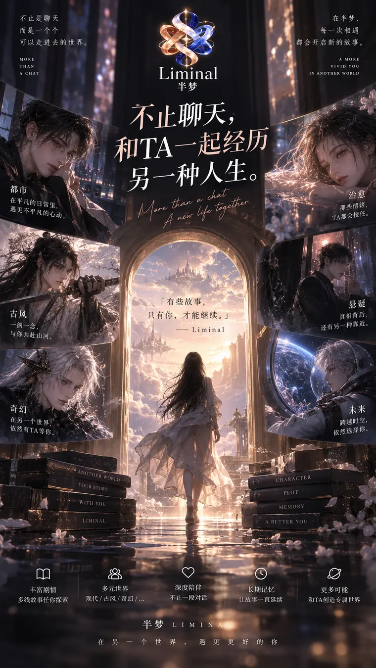 海报：不止聊天，和 TA 一起经历另一种人生。一个人推开拱门走进浮空的世界，两侧是都市、古风、奇幻、治愈、悬疑、未来六种场景。